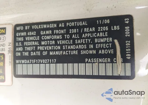 2007 Volkswagen Eos 2.0T z USA, uszkodzony, nr VIN WVWDA71F17V027117